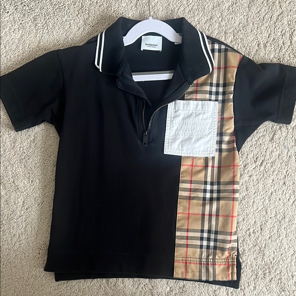Burberry Black and Tan Polo Shirt with Plaid Design